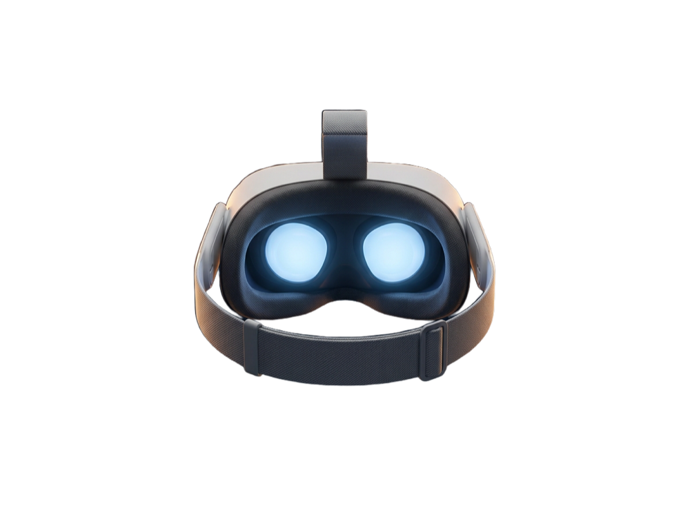 A VR headset seen from the wearer's side, lenses facing you